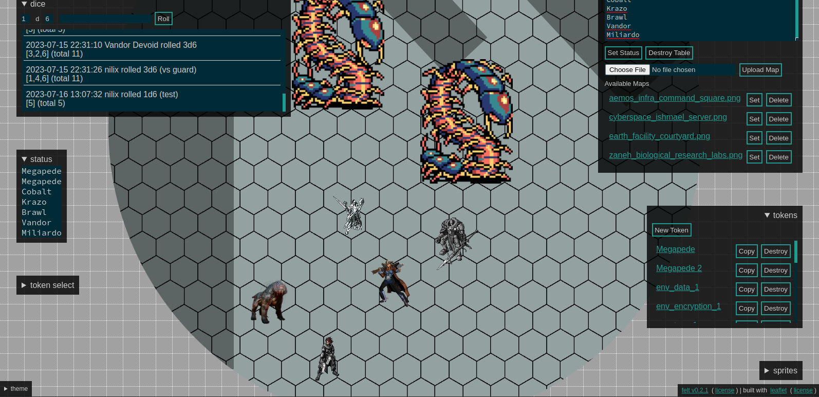 Screenshot of Felt showing a hexgrid map on which a party of 4 humans and an alien dog thing facing off against two giant centipedes. Various UI windows are overlayed, some of them collapsed, showing the dice roller with dice log, and admin windows showing map and token management interfaces.