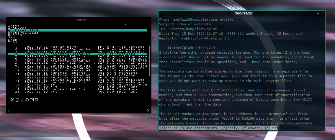 screenshot - taro-ls showing Archives/2022 mailbox selected with a search query active listing mail from the uxn mailing list, and a reader window open next to it reading the initial uxn metadata proposal, with a prompt at the bottom for managing attachments, replying, forwarding, or quitting
