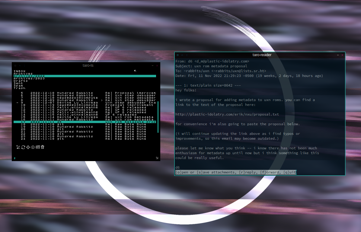 screenshot - taro-ls showing Archives/2022 mailbox selected with a search query active listing mail from the uxn mailing list, and a reader window open next to it reading the initial uxn metadata proposal, with a prompt at the bottom for managing attachments, replying, forwarding, or quitting
